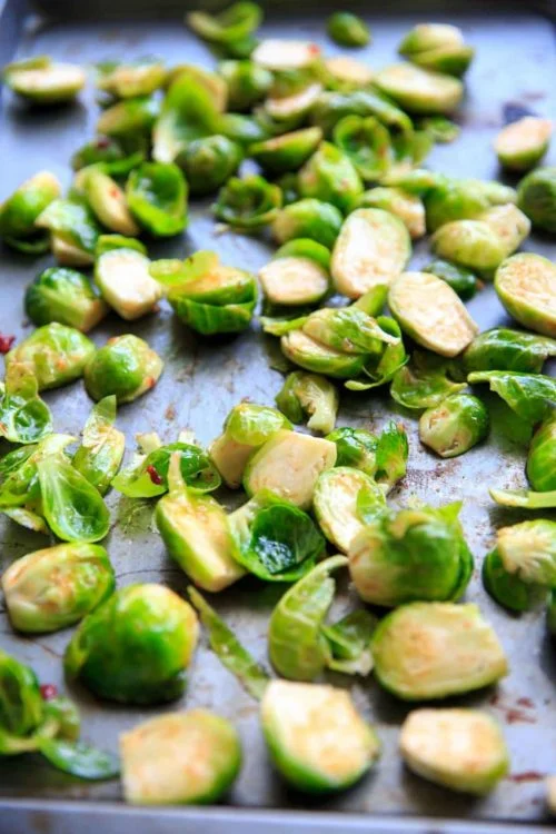 brussel sprouts on baking sheet