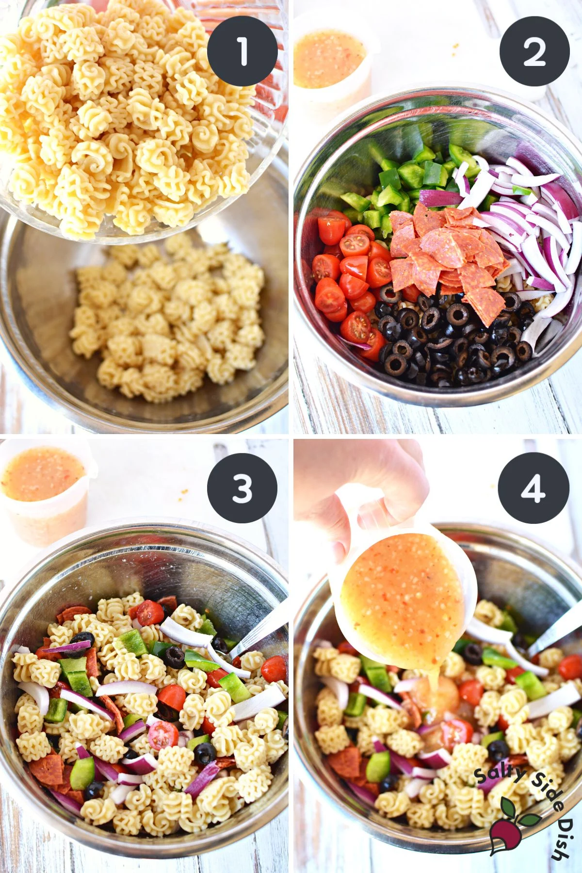 step by step collage on radiatore pasta salad.