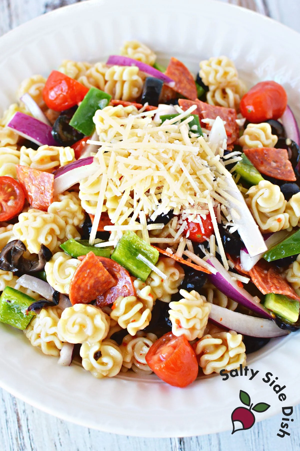 easy cold pasta salad in a bowl.