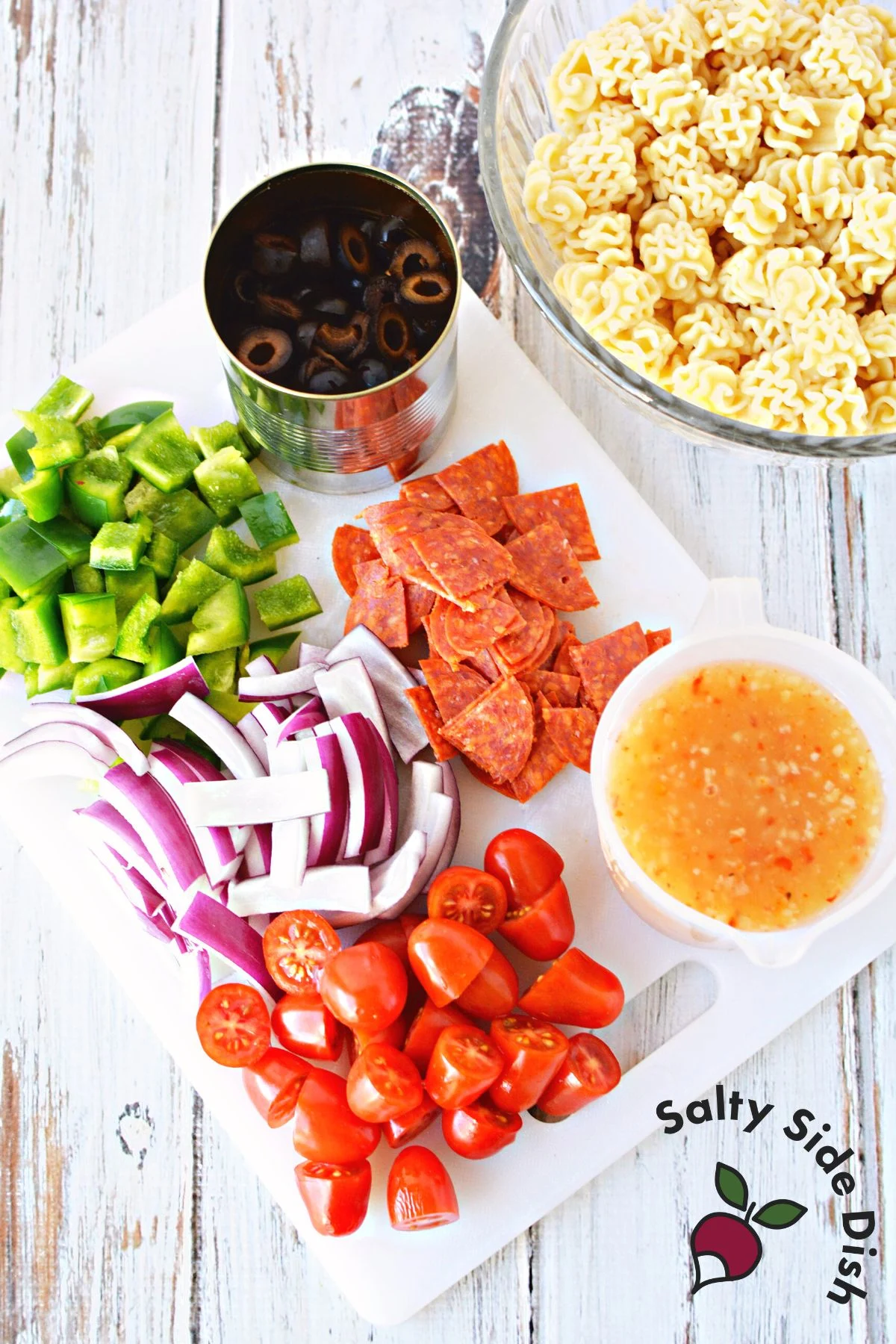 all of the pasta salad ingredients.