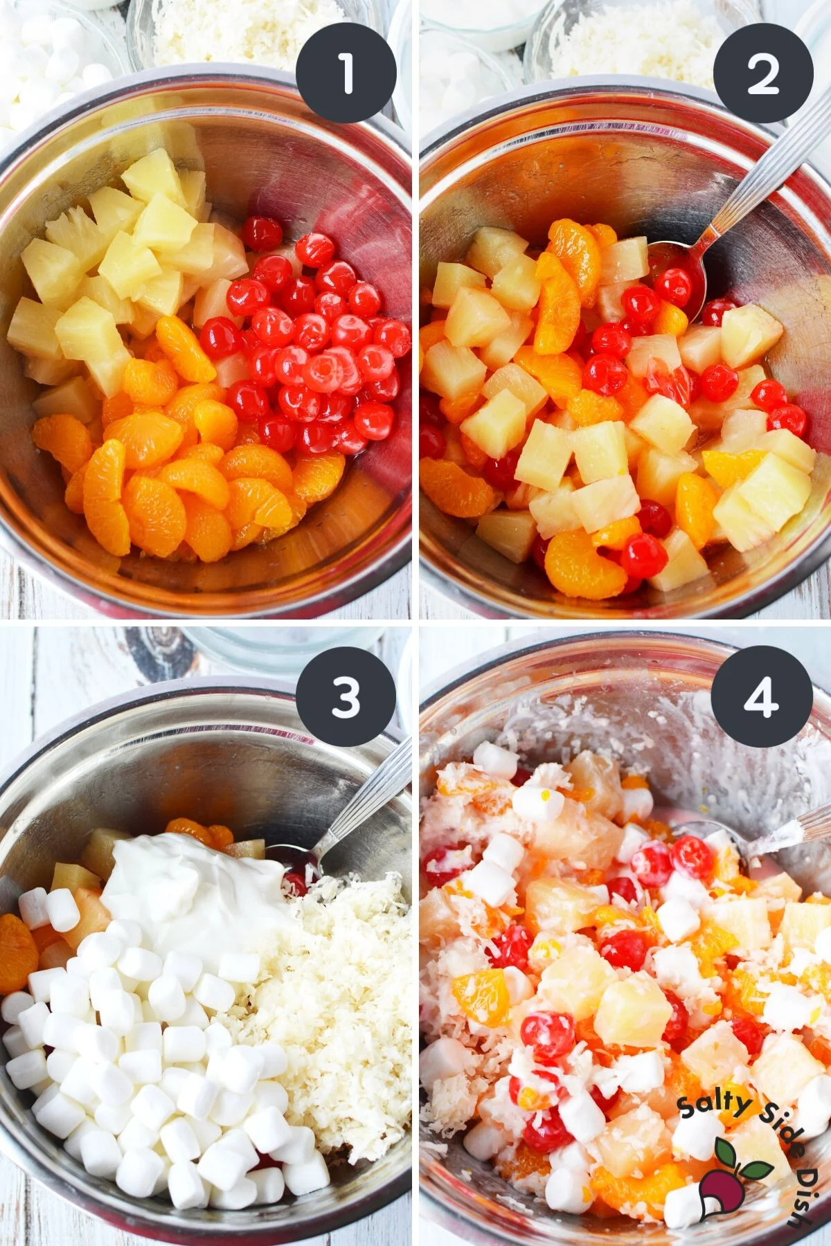 Classic ambrosia salad with with cool whip, fruit and marshmallows is a perfect dessert side dish for an old fashioned southern dish.