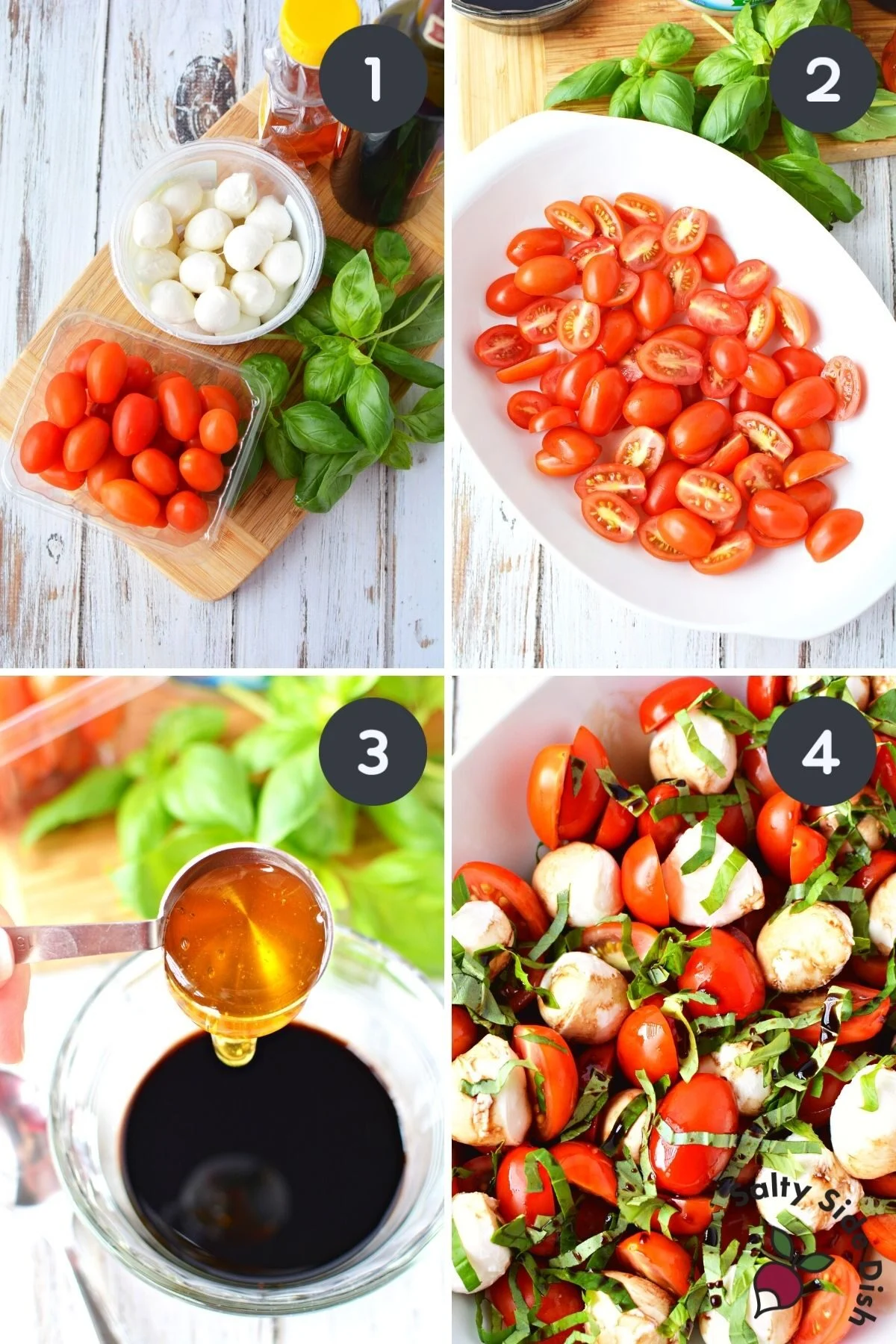 four images on cherry tomato caprese salad ingredients, showing tomatoes halved, honey and balsamic in a bowl and the final salad.