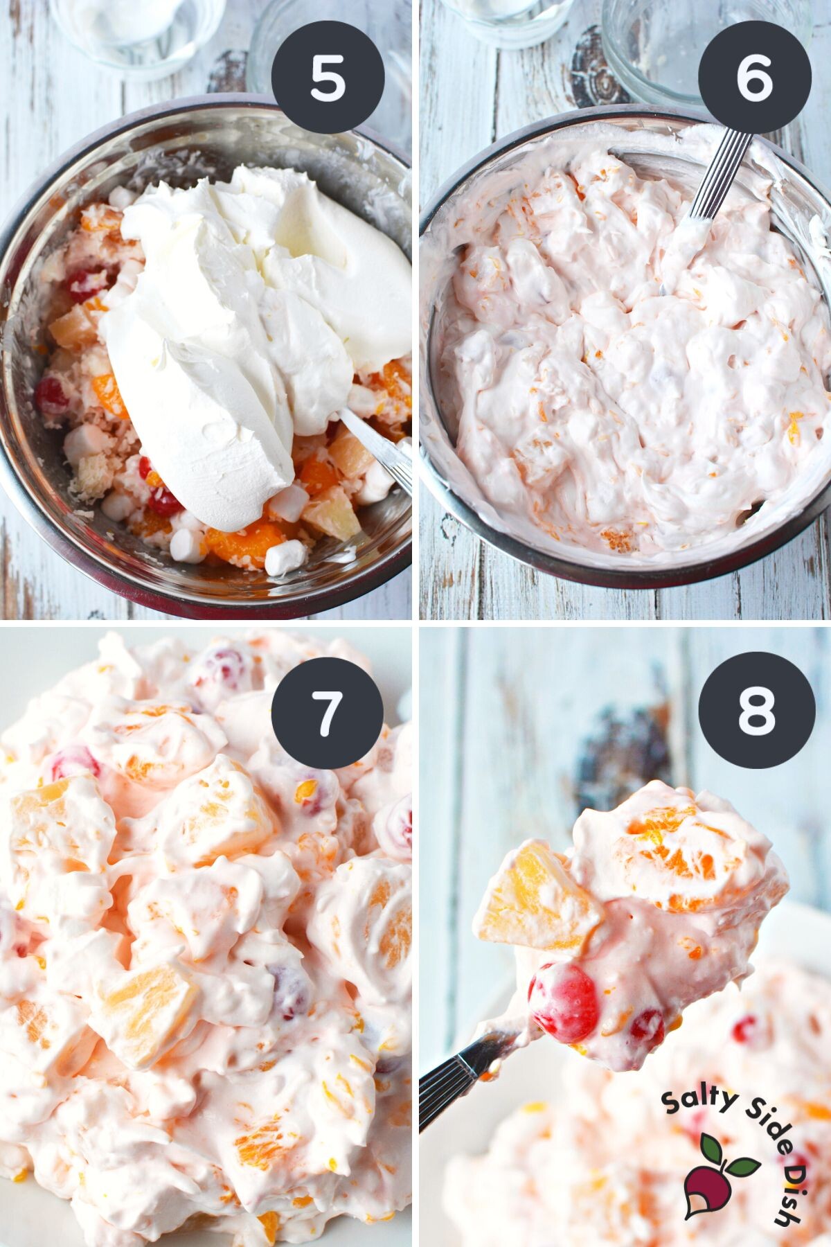 old fashioned classic ambrosia salad with cool whip and no coconut in a serving bowl.