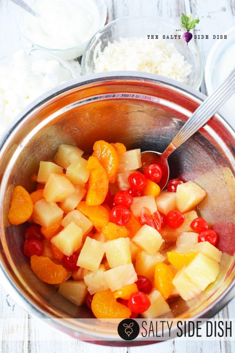 canned fruit drained in a bowl.