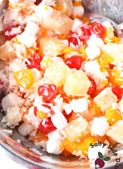 featured ambrosia salad in a mixing bowl.