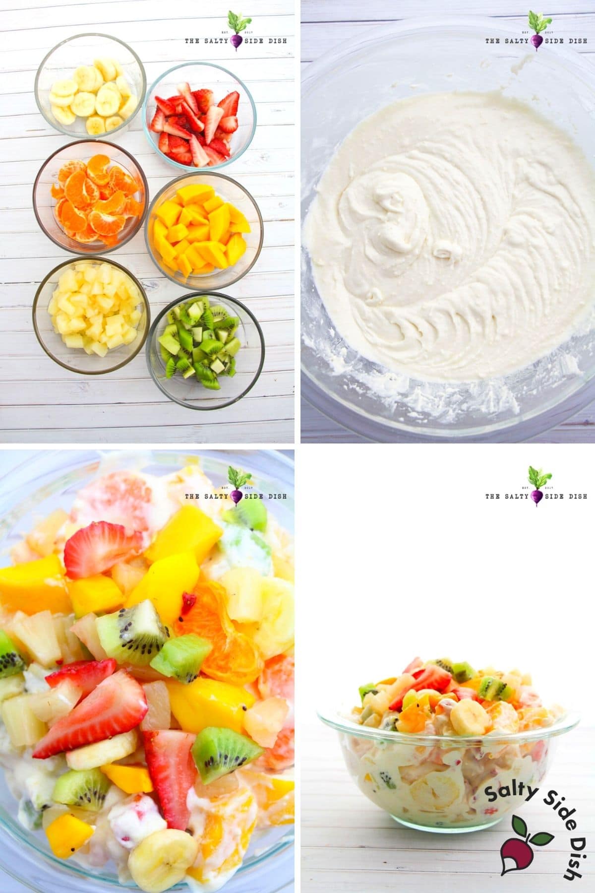 hawaiian cheesecake salad with cut up fruit and mixed up cheesecake pudding