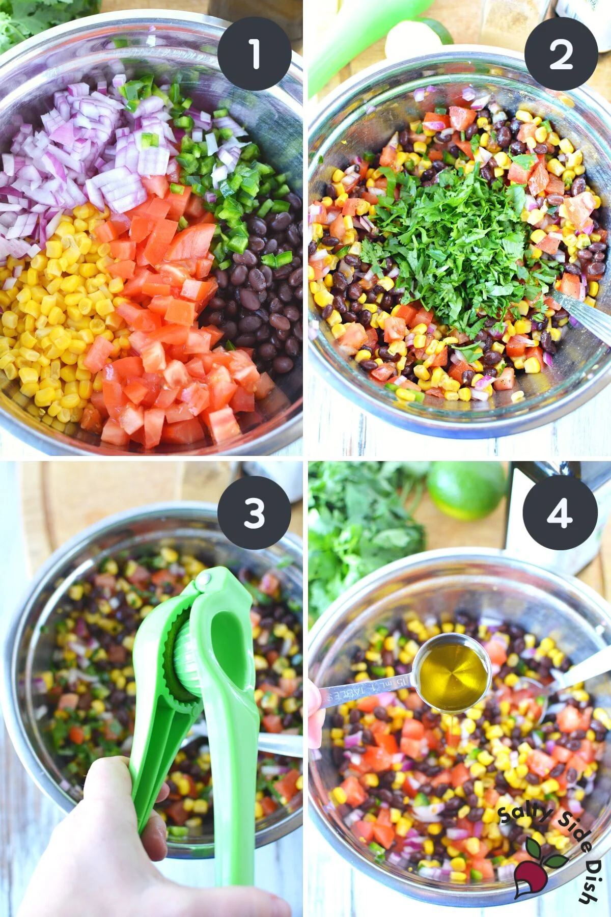 how to make black bean and corn salsa in a mixing bowl with lime dressing.