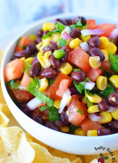 black bean salsa in a white bowl