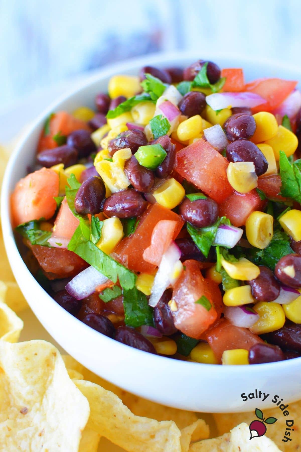 black bean salsa in a white bowl