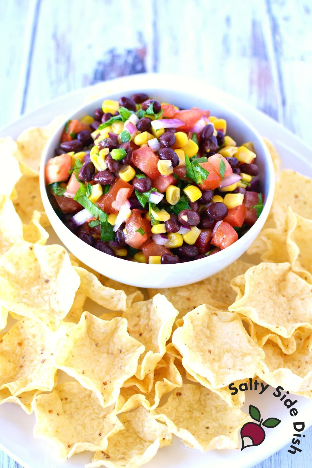 ready black bean salsa with tomatoes and corn.