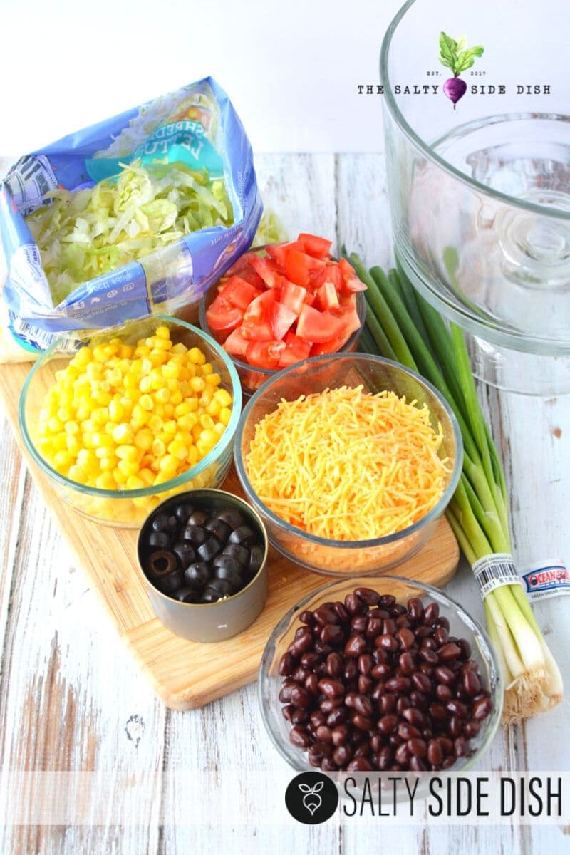 taco salad ingredients laid out.