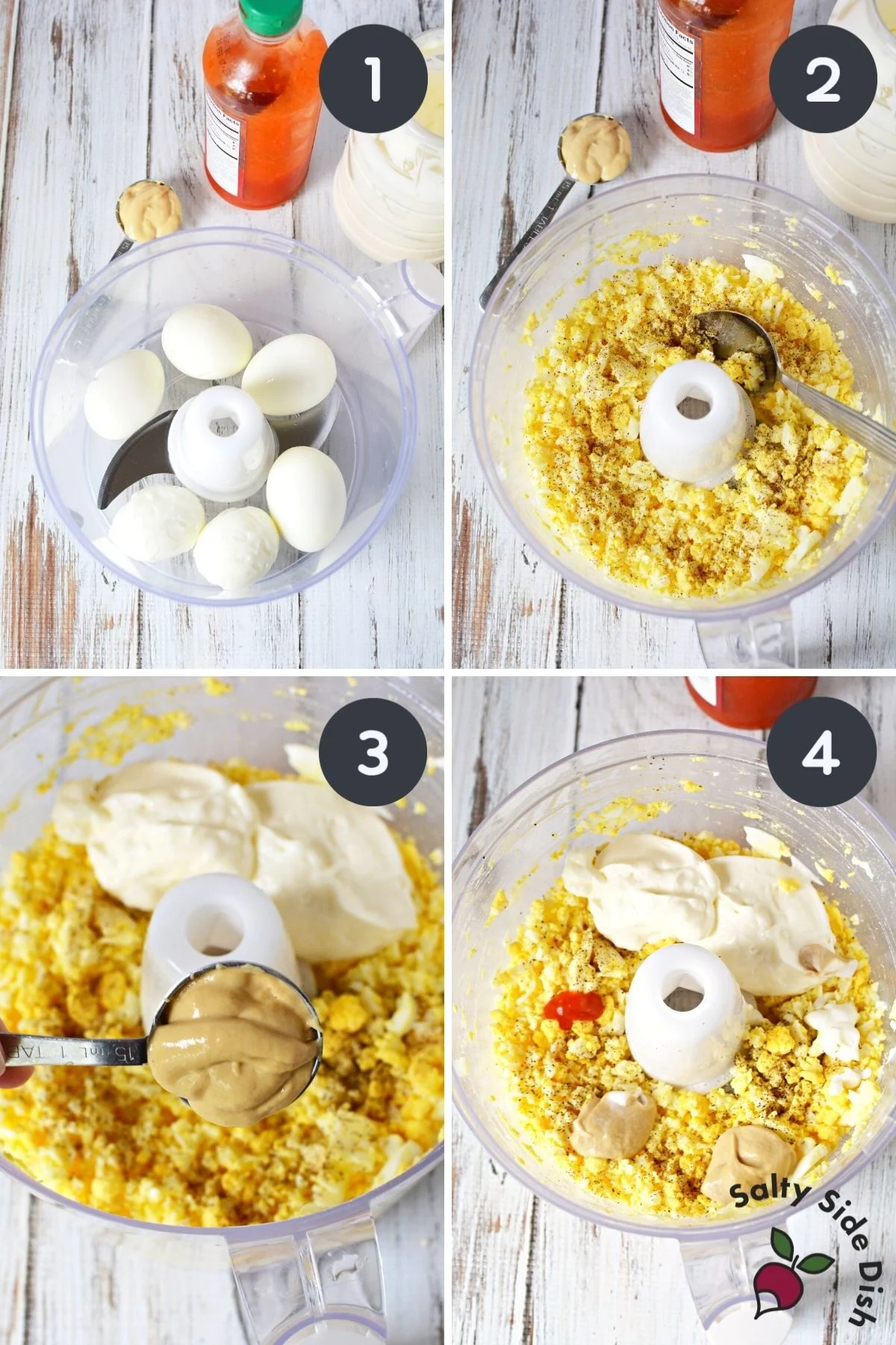 collage on what to add to a food processor for deviled eggs dip.