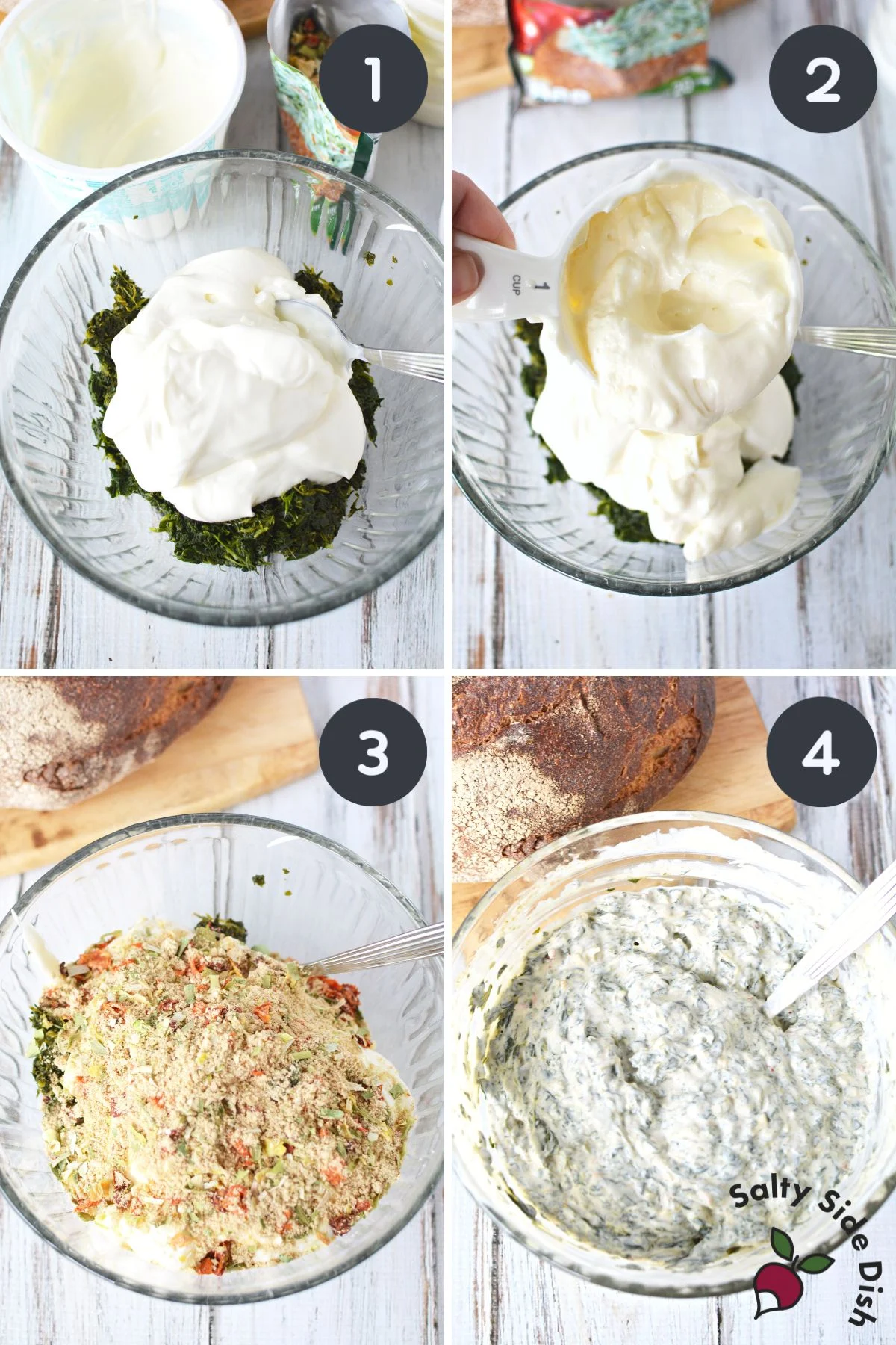 combining knorr spinach dip ingredients in a glass bowl.
