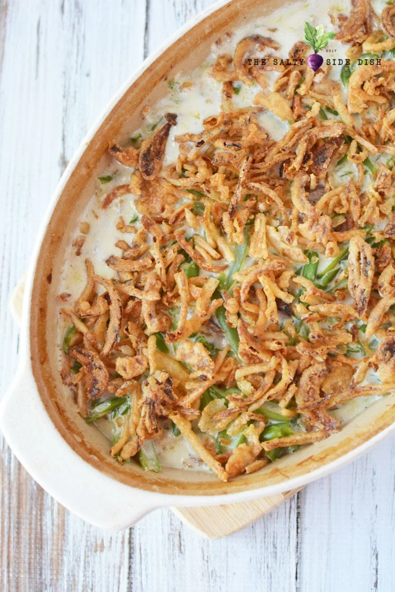 Classic Green Bean Casserole with Home Made Mushroom Sauce in casserole dish