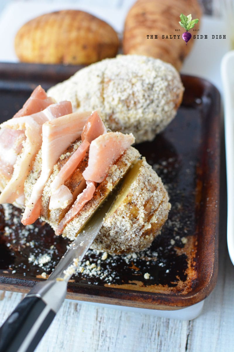 stuff the bacon in the potato slices