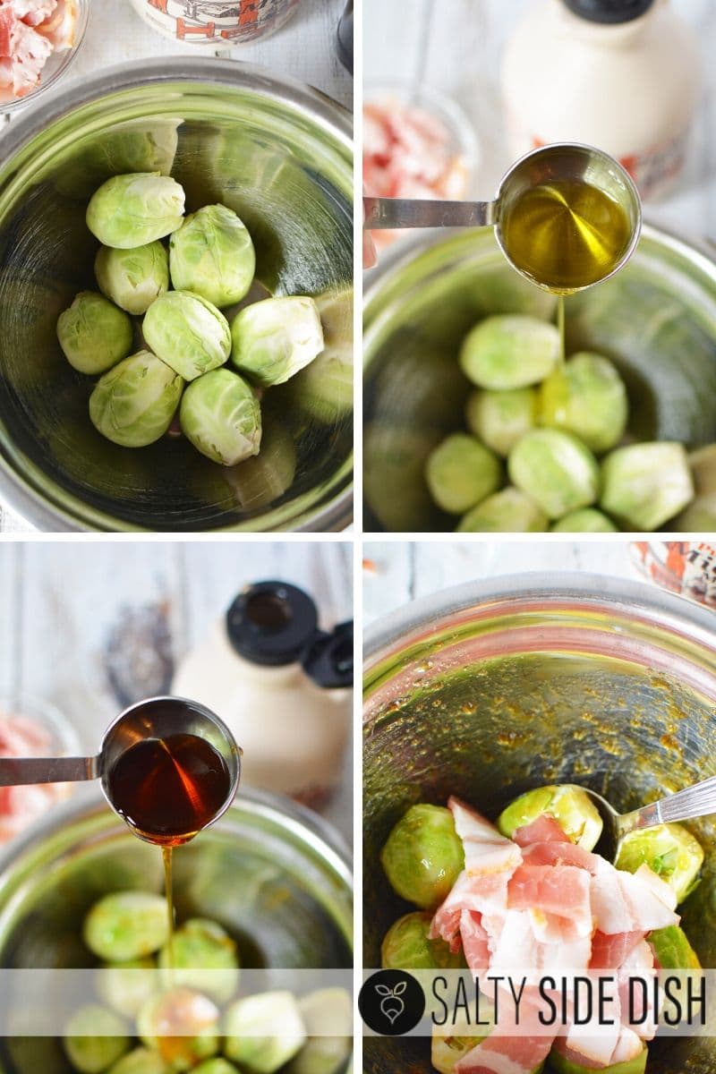 collage of instructions on how to make brussels sprouts with maple, four bowls, top left brussels sprouts, top right olive oil, bottom left is maple syrup and bottom right is bacon in a bowl