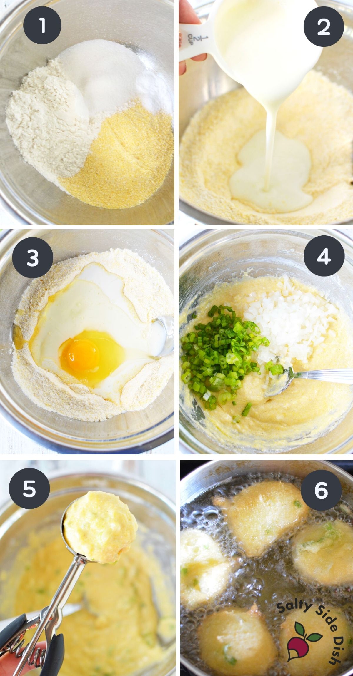 hush puppies collage with all ingredients being added into a bowl and ultimately fried.