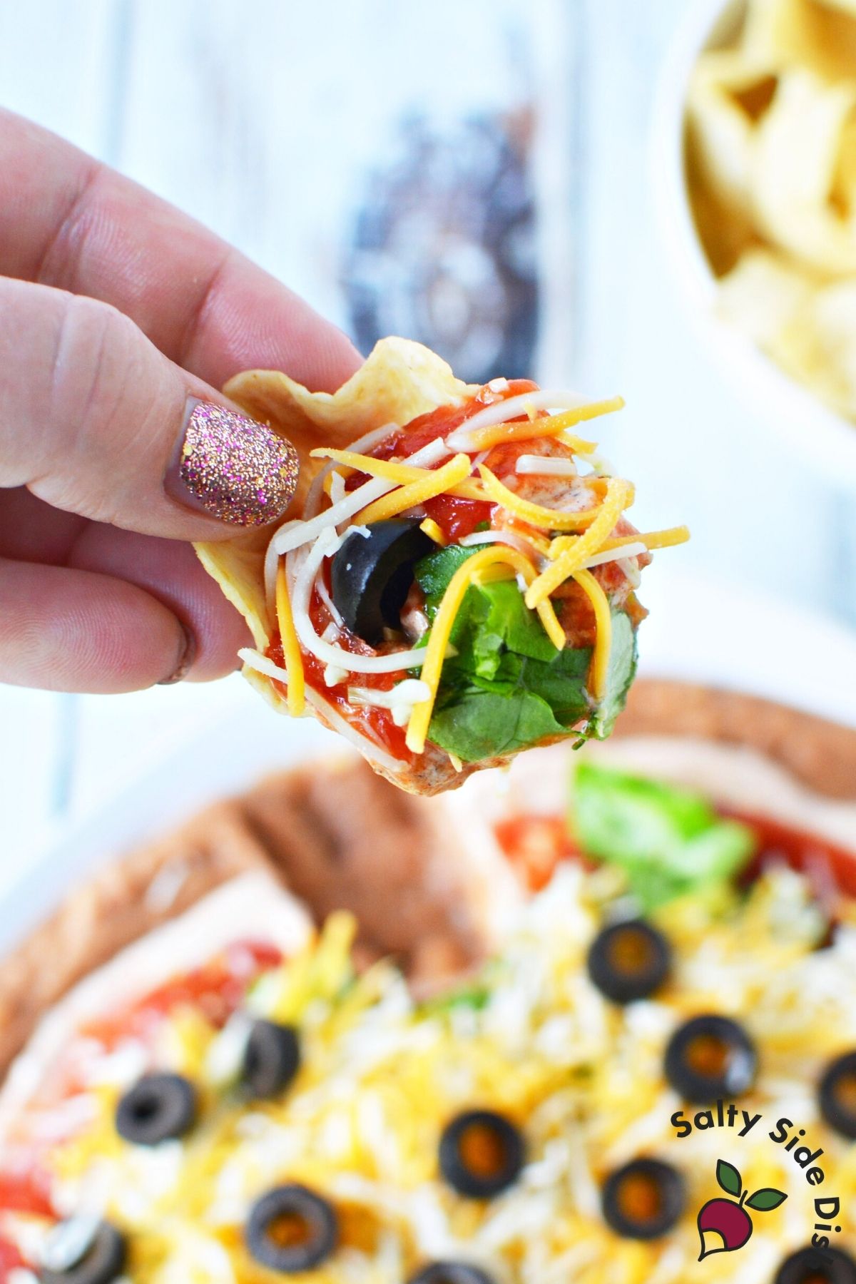 chip full of taco dip.