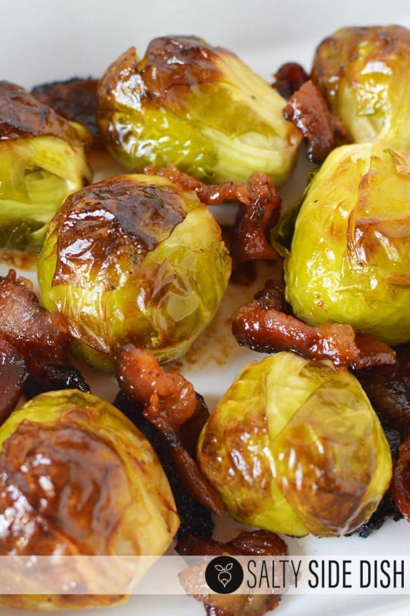 brussels sprouts and bacon cooked on a dish and ready to eat
