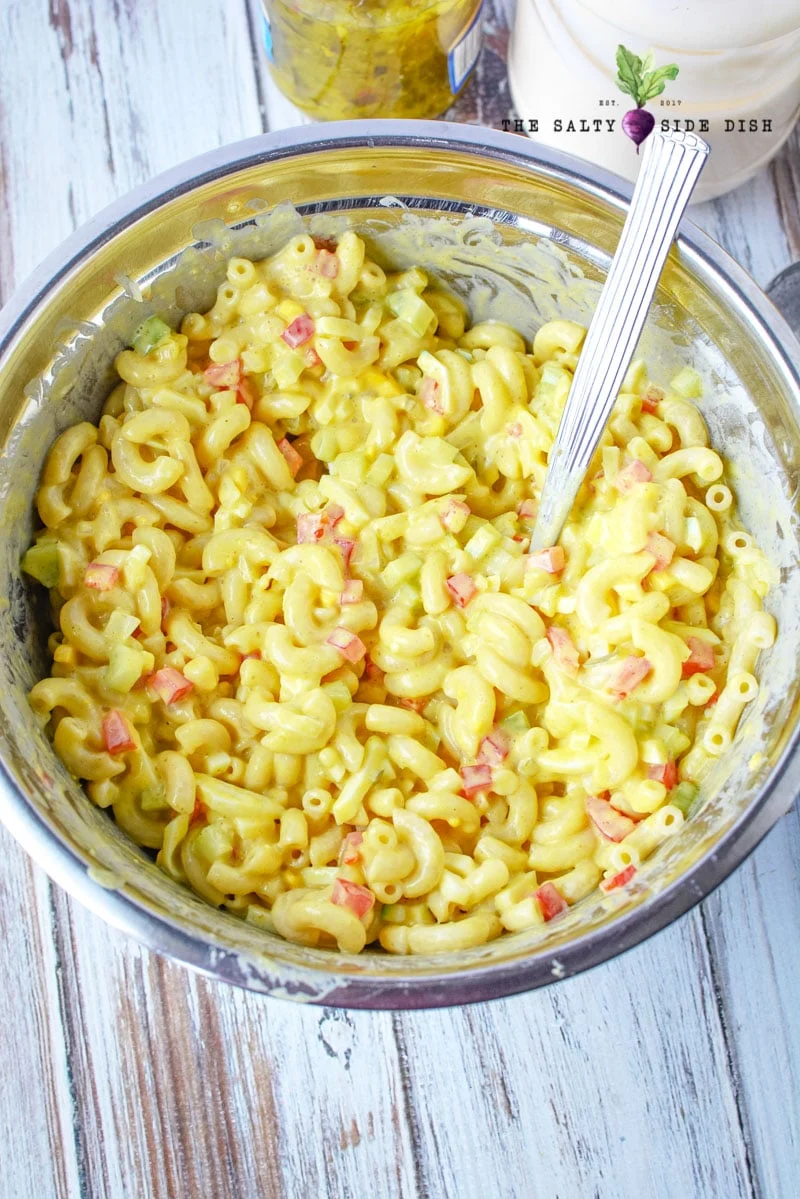 amish macaroni salad in a mixing bowl.