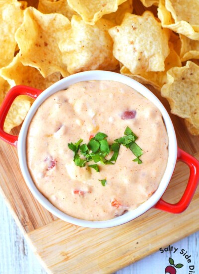 dip in tiny casserole dish surrounded by chips