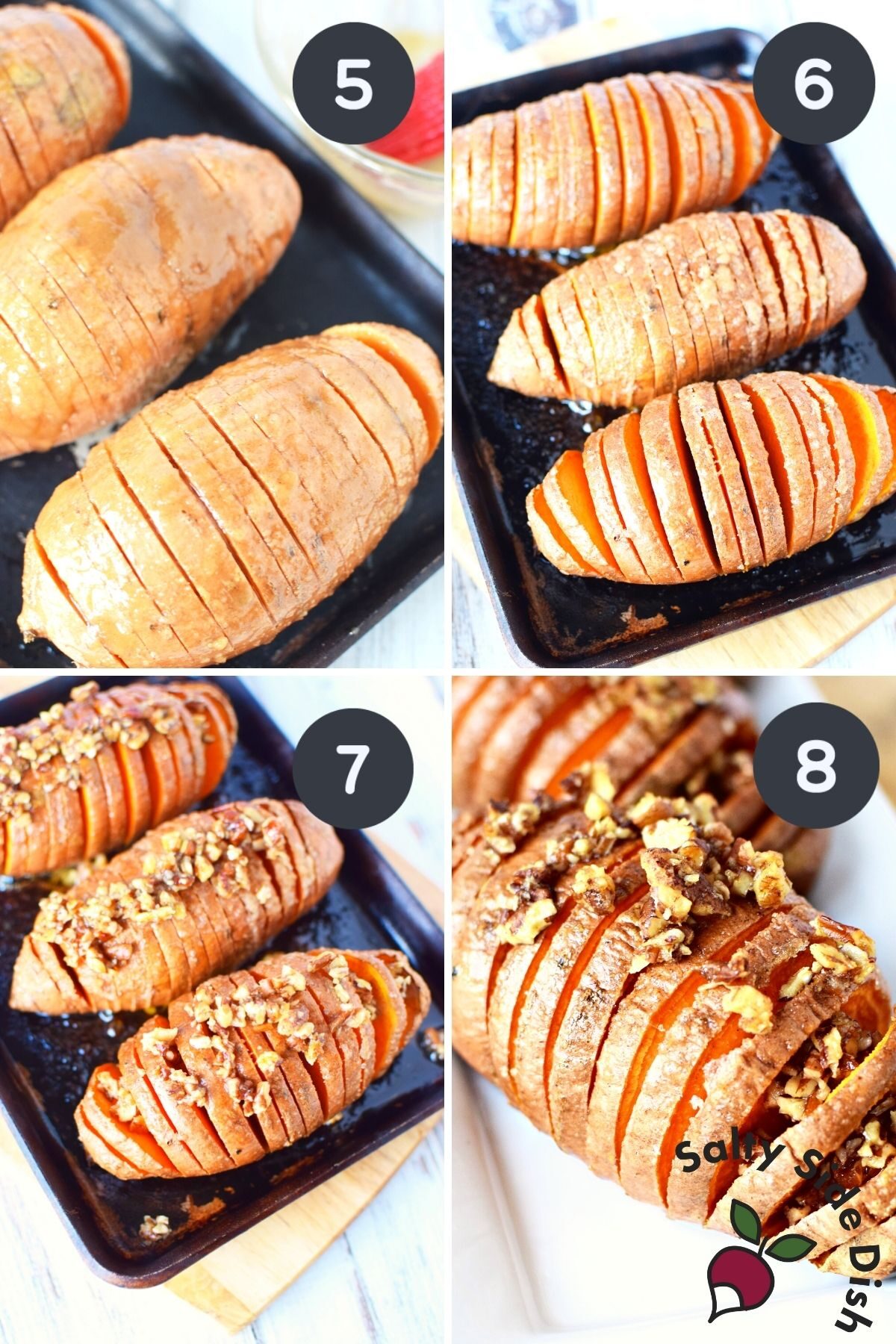 collage of sweet potatoes cut Hasselback Style.