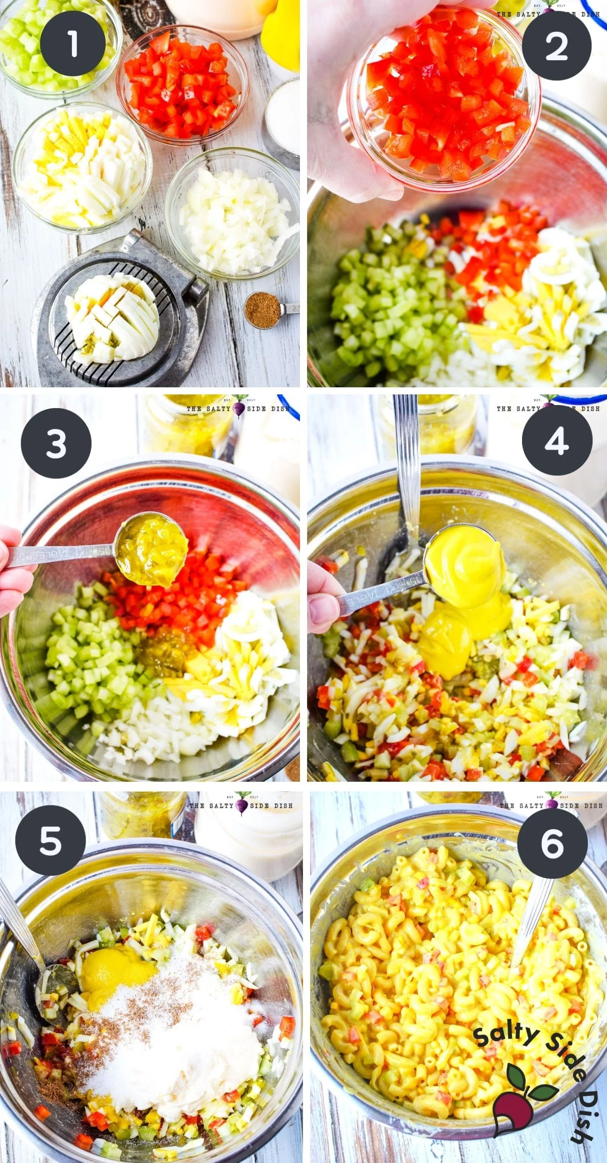 6 image collage of Amish macaroni salad labeled step by step.