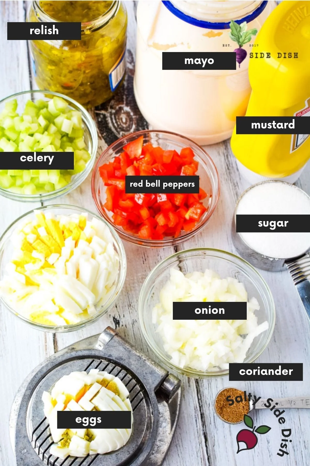 image with all amish pasta salad ingredients laid out and labeled.