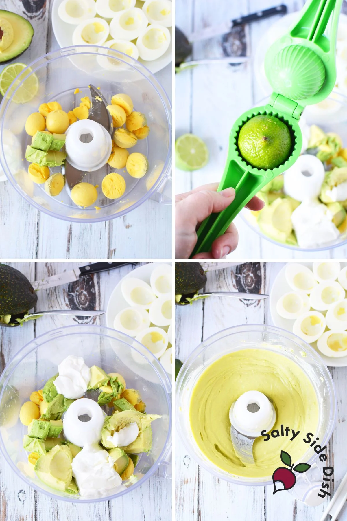 adding all ingredients to avocado deviled eggs in a food processor.