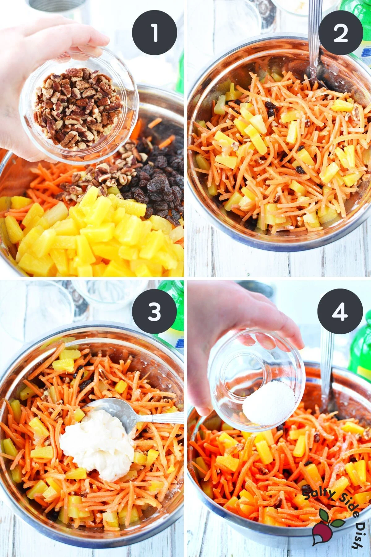 collage on how to make carrot salad with images on dressing and raisins.