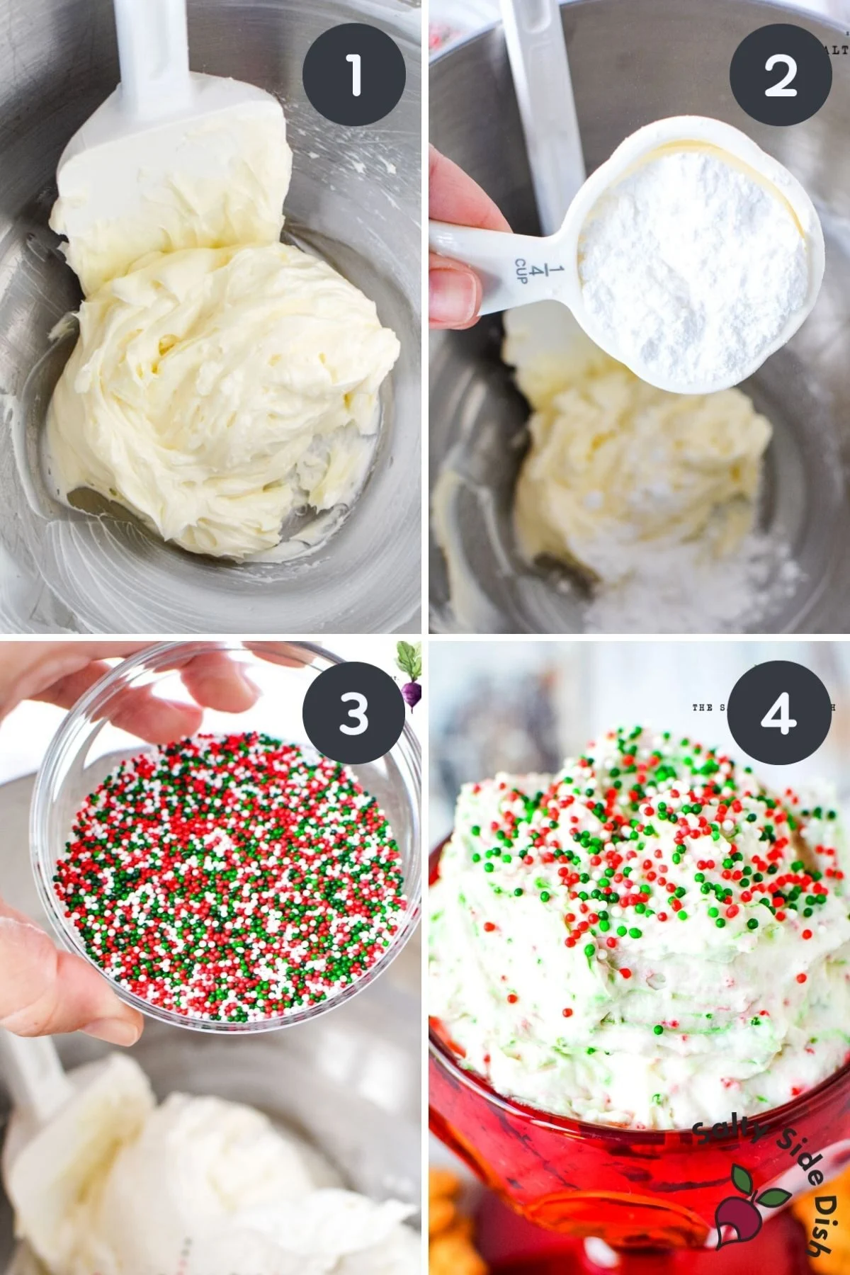 collage of christmas cookie dough dip step by step.