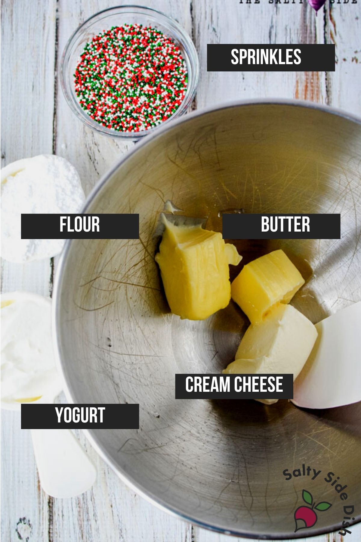 christmas cookie dough dip in a bowl and labeled.