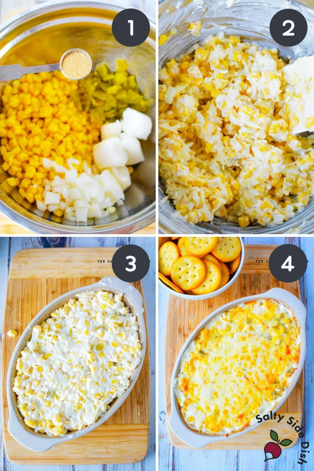 how to make cracked out corn dip in a 4 image collage of adding ingredients to dish.