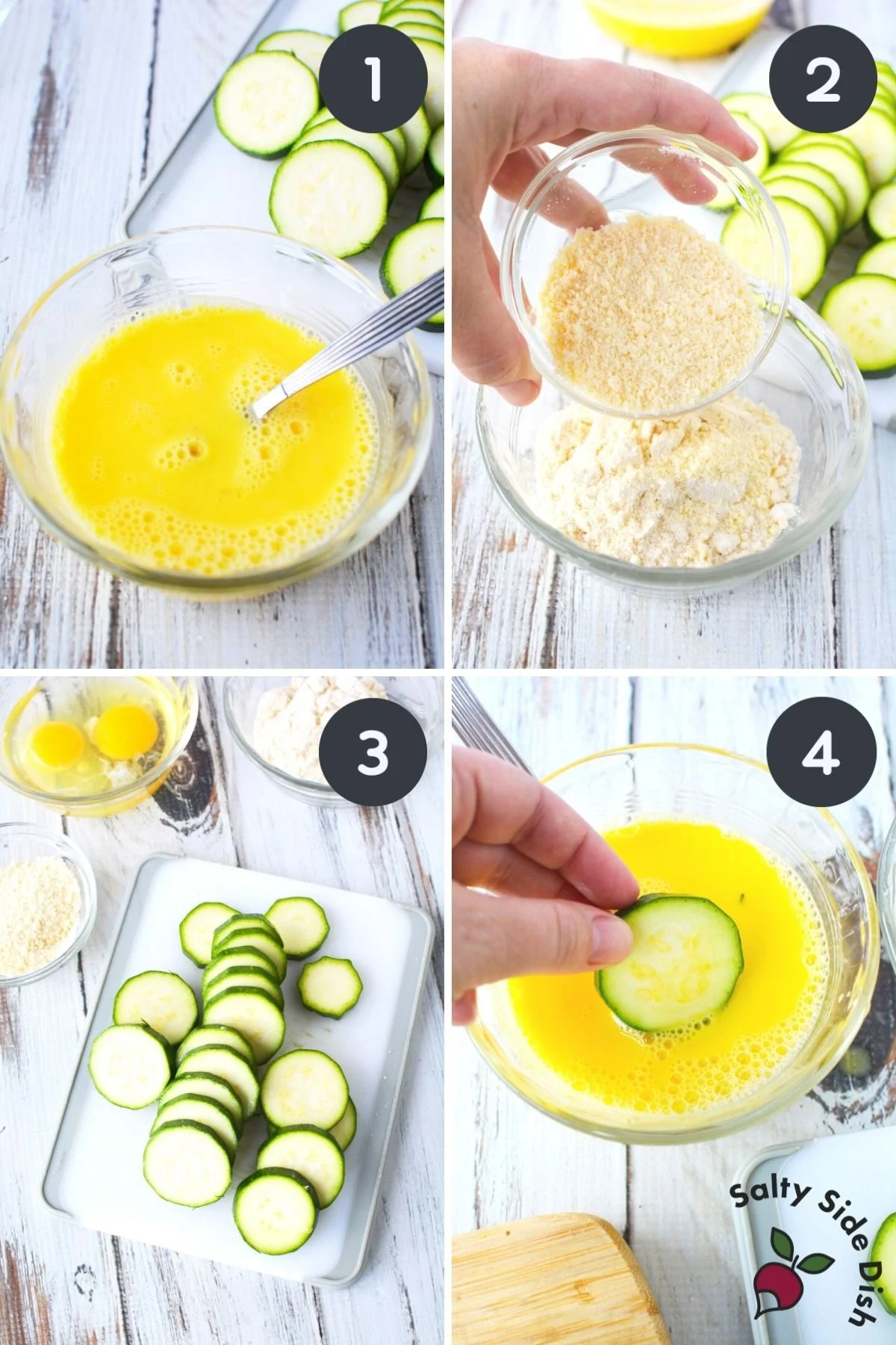 collage of images dipping zucchini into egg wash and almond flour