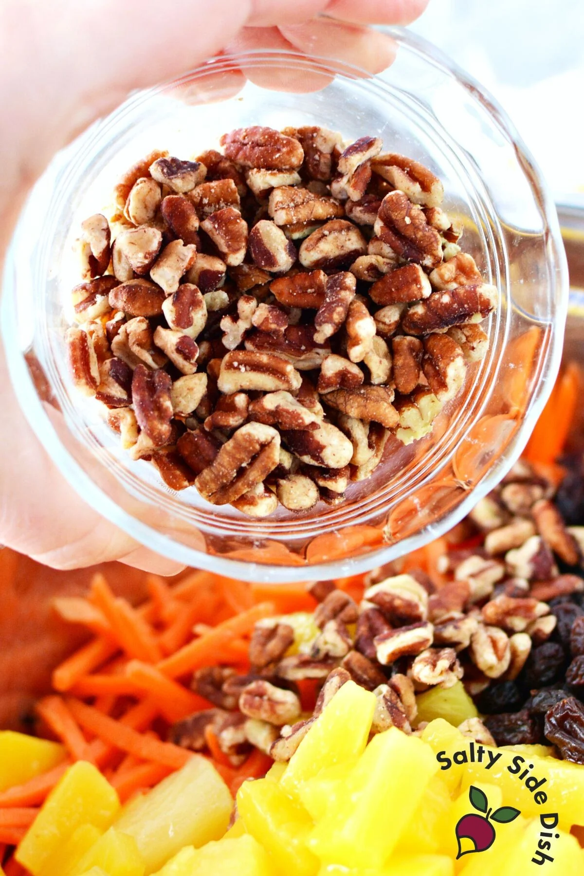 pecan pieces in a bowl.