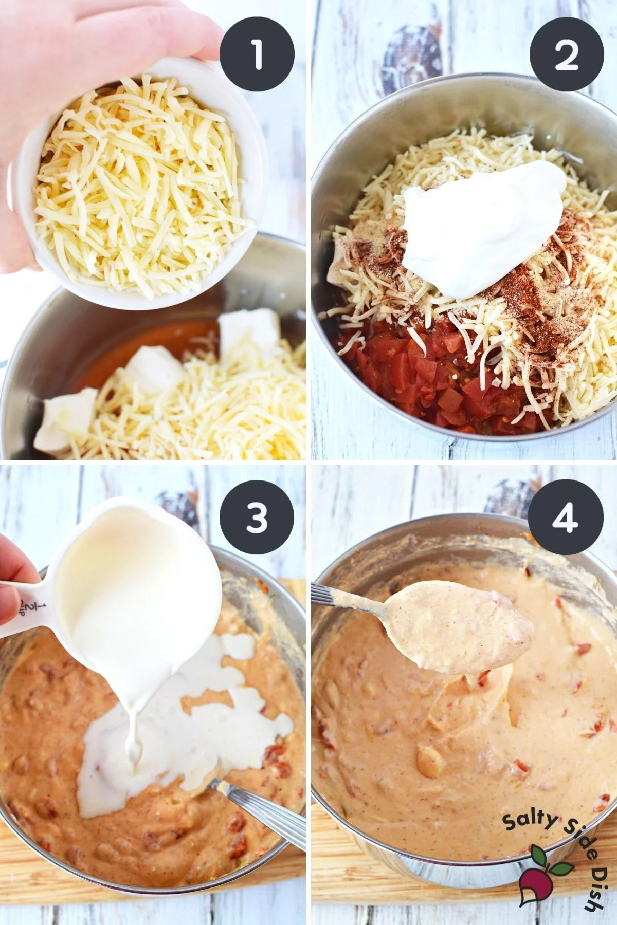 collage of queso Chihuahua dip being made.