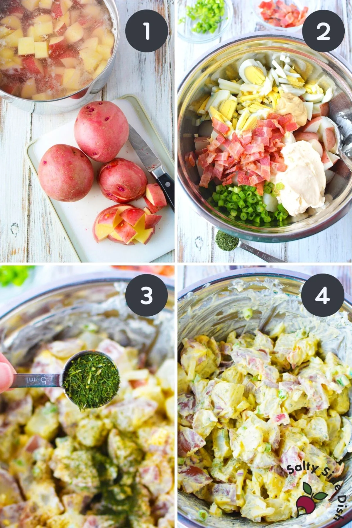 Red skin potato salad collage on how to make potato salad.