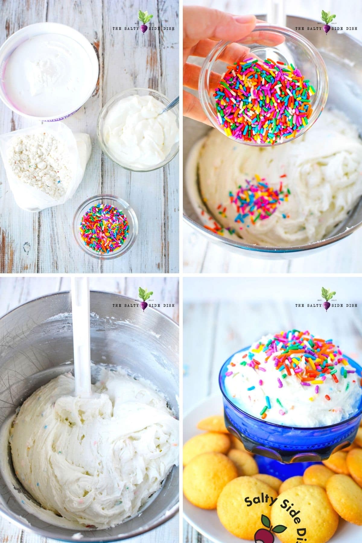 how to make funfetti cake dip, collage of images