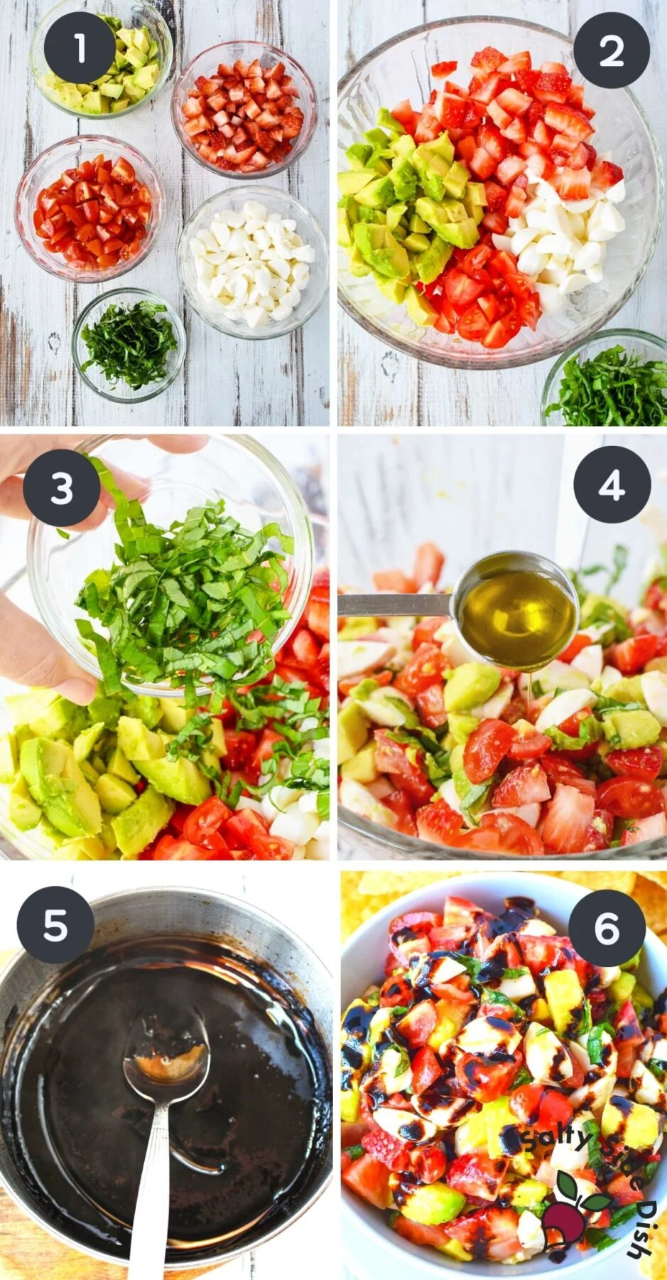 collage on how to make strawberry caprese salad.