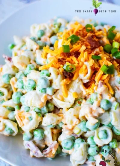 pea pasta salad piled high on a plate