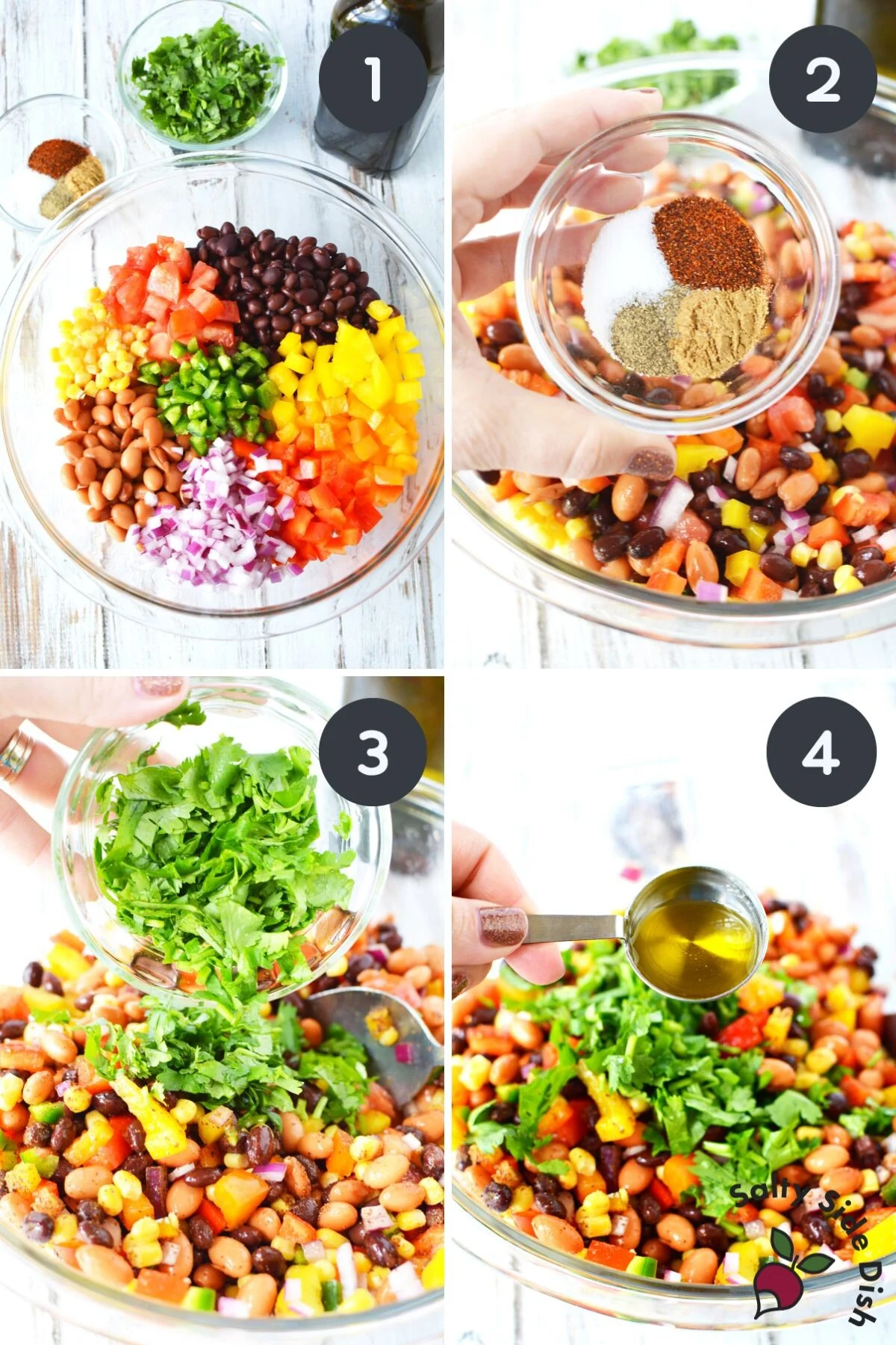 Texas caviar in a bowl and being prepped with fresh vegetables, beans, onions and herbs. TikTok recipe.
