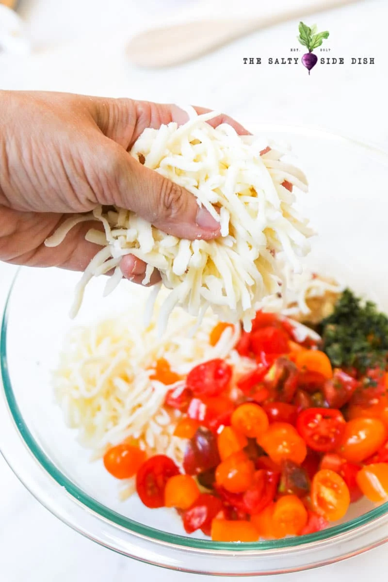 handfull of mozzarella cheese going into bowl with spices