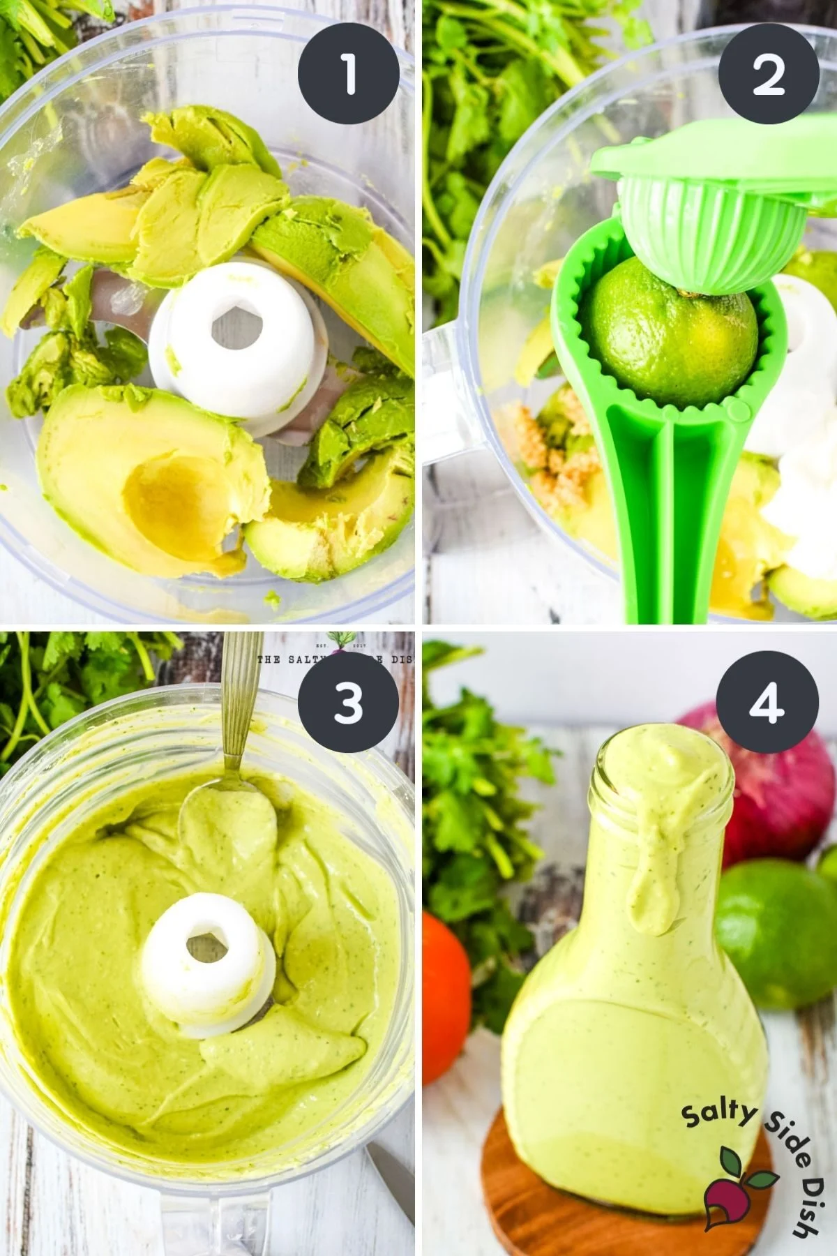 4 image collage of how to make perfect avocado dressing.