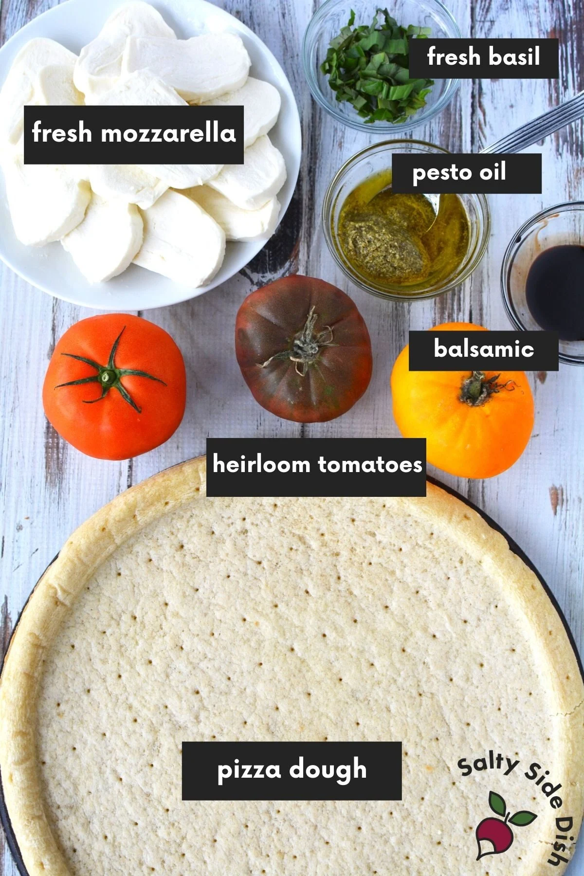 caprese pizza ingredients labeled.