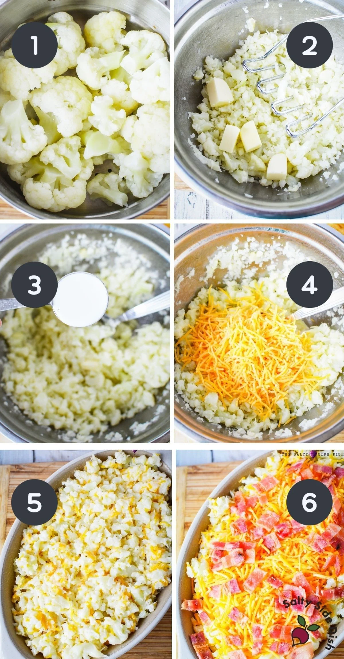 collage of 6 images that show how to make cauliflower mashed potatoes steps
