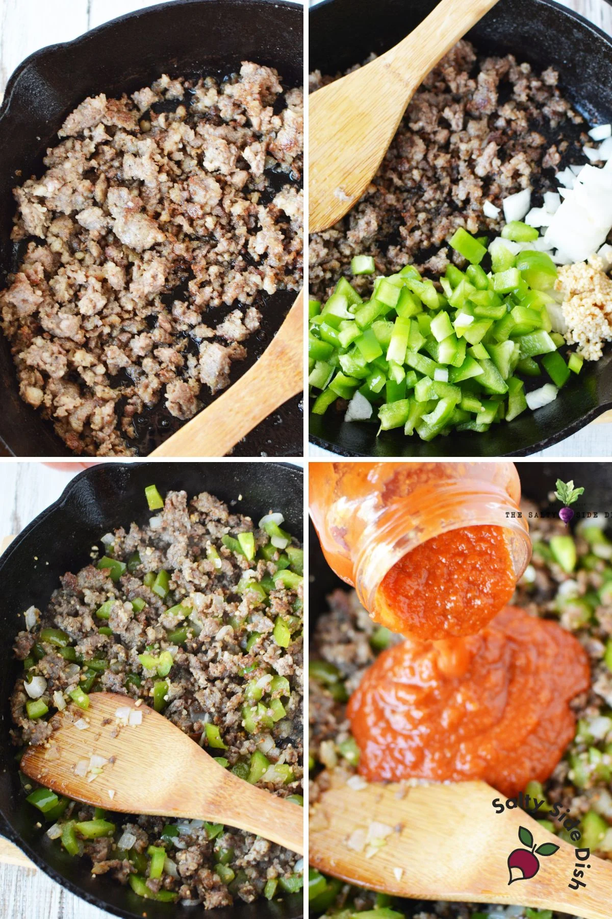 cooking beef, onions, and bell pepper in a cast iron pan.