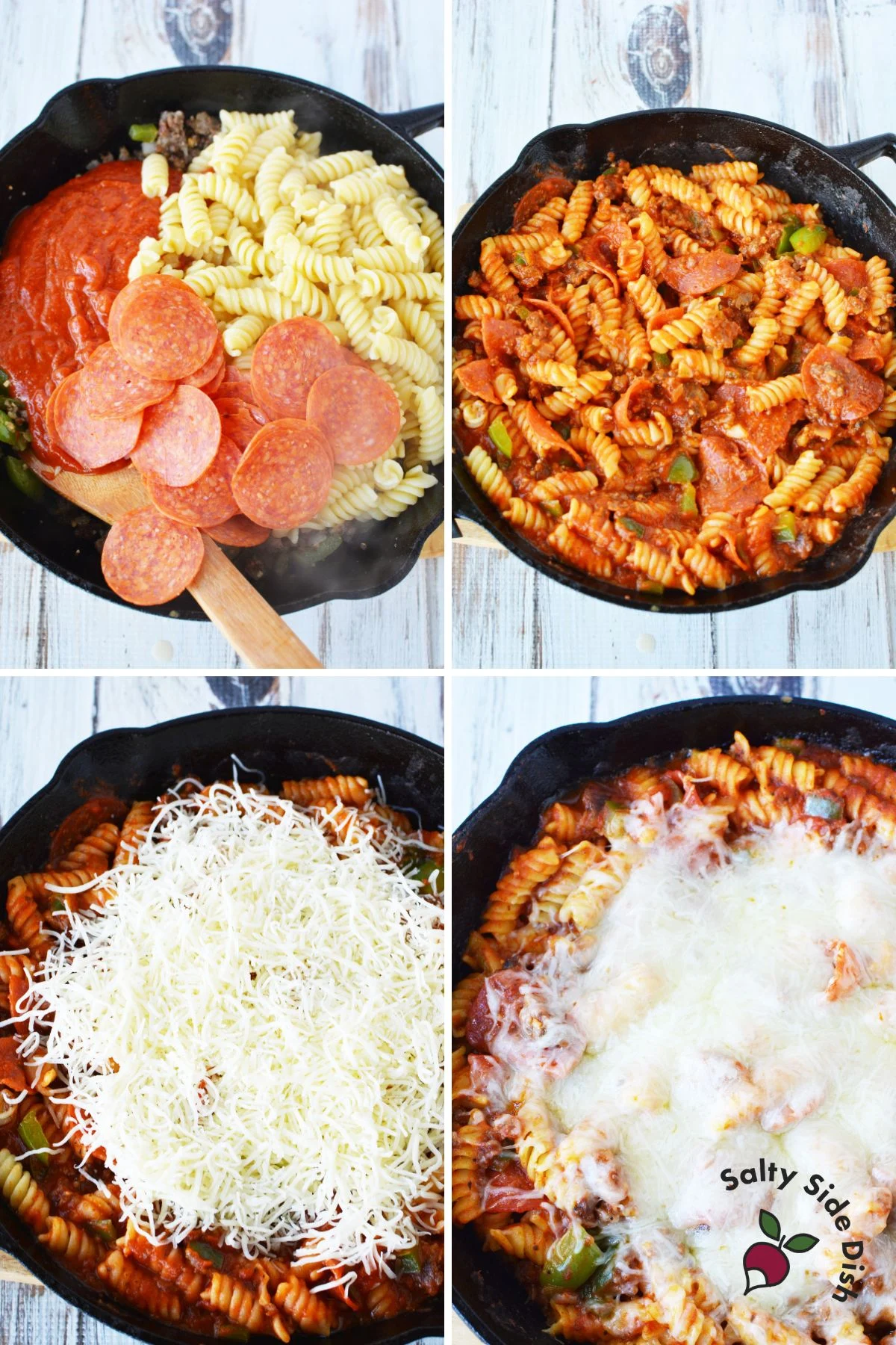 pizza casserole in a cast iron pan with lots of extra cheese.