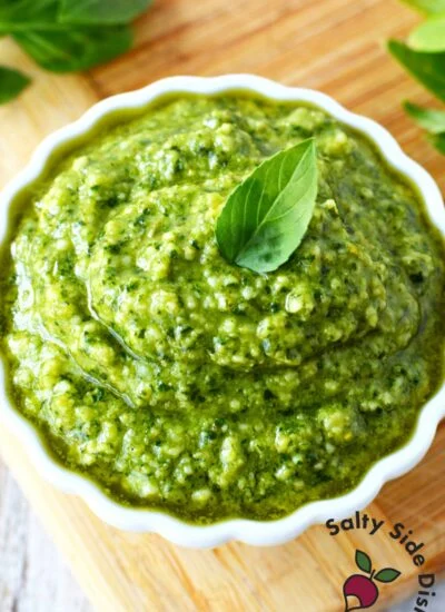 Pesto di Basilico freshly made in a bowl.