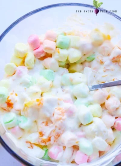 marshmallow fluff salad with colored marshmallows.