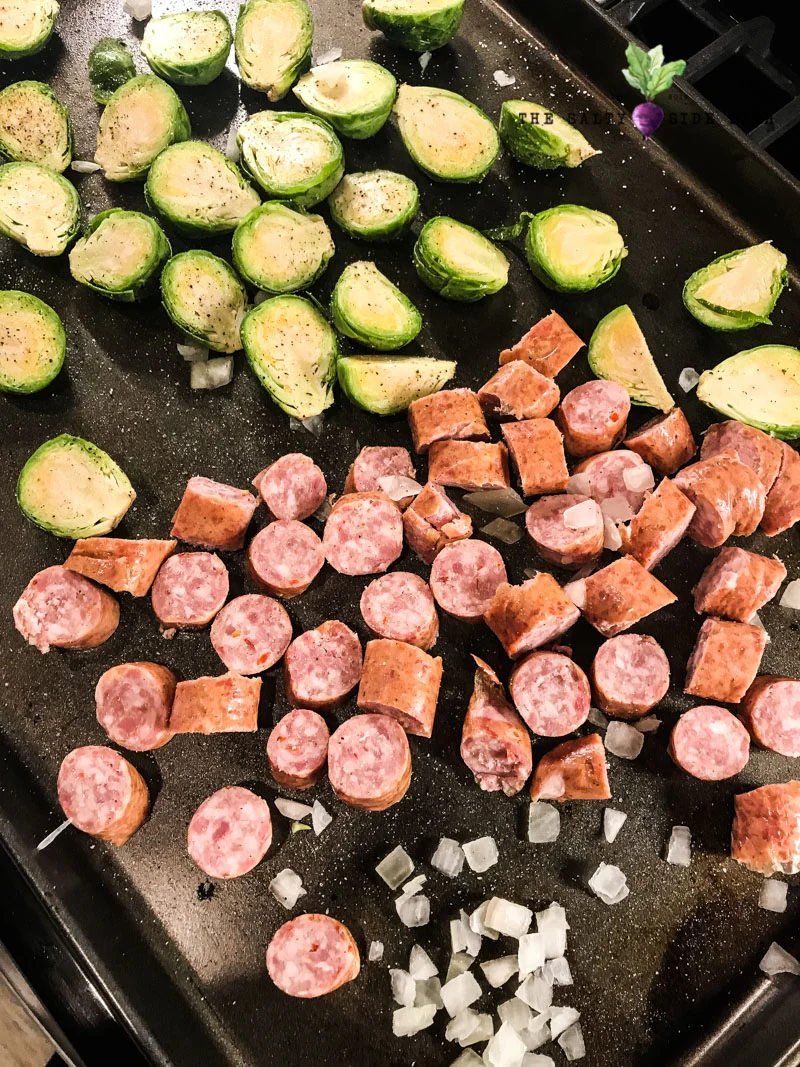 roasted brussel sprouts with sausage and onion